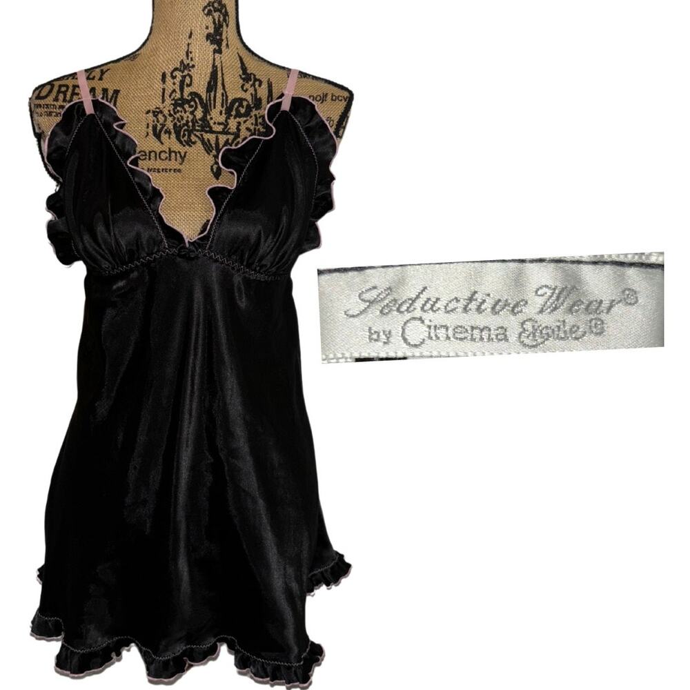 Vintage Seductive Wear by Cinema Etoile Ruffle Slip Dress Black Pink Size Large